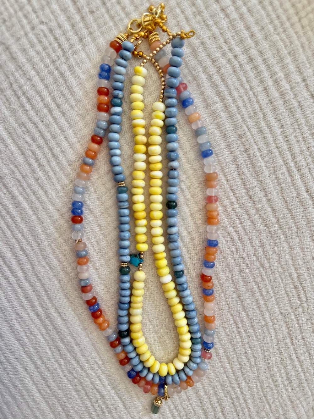 Blue Orange Pink Multicolor Jade Crystal Beaded  Necklace with Green Gold Charm
